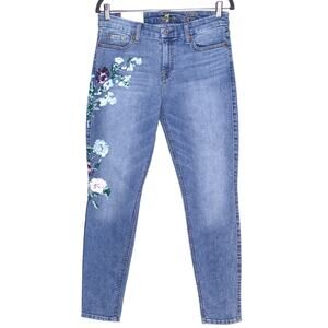 7 FOR ALL MANKIND NEW The Ankle Skinny Painted Floral Jean Light Wash Women's 30